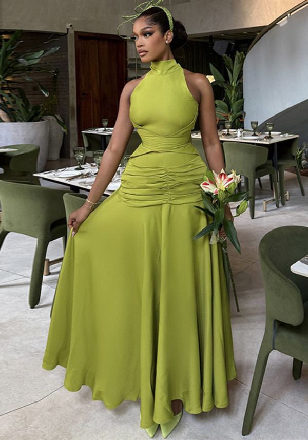 Women's Spring Fashion Halter Neck Slim Waist Ruched Solid Color Gown Dress