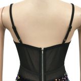 Women's Fashion Sexy Strap Sequin Mesh See-Through Zipper Midi Dress