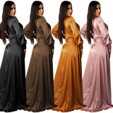 Women's Fashion Sexy Solid Color Deep V Lace-Up Long Sleeve Slit Maxi Dress