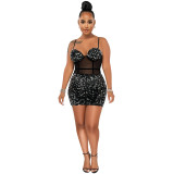 Women's Fashion Sexy Strap Sequin Mesh See-Through Zipper Midi Dress