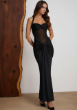Women's Chic Ruched Mesh Patchwork Fashion Halter Neck Sexy Bodycon Dress