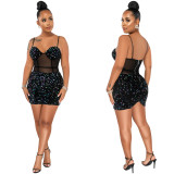 Women's Fashion Sexy Strap Sequin Mesh See-Through Zipper Midi Dress