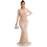 Women's Nightclub Style Sexy Beaded Mesh See-Through Long Sleeve Maxi Dress