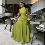 Women's Spring Fashion Halter Neck Slim Waist Ruched Solid Color Gown Dress