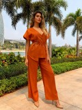 Chic V-Neck Short Sleeve Slim Waist Tie High-Waist Wide-Leg Linen Two-Piece Pants Set