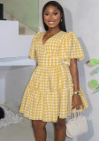 Women's Autumn/Winter Fashion V-Neck Slim Waist Plaid Ruched Dress
