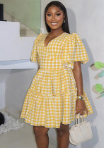 Women's Autumn/Winter Fashion V-Neck Slim Waist Plaid Ruched Dress