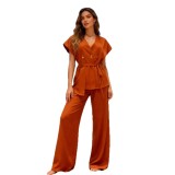 Chic V-Neck Short Sleeve Slim Waist Tie High-Waist Wide-Leg Linen Two-Piece Pants Set