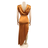 Women's Fashion Solid Color Round Neck Sleeveless Ruched Irregular Slit Maxi Dress