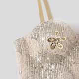 Floral Sequin High-Waist Slim Waist Strap Top