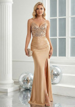 Solid Color Strap V-Neck Sequin High-Waist Low Back Lace-Up Slit Mermaid Evening Maxi Dress