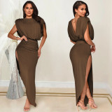 Women's Fashion Solid Color Round Neck Sleeveless Ruched Irregular Slit Maxi Dress