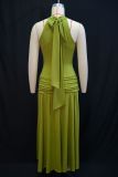 Women's Spring Fashion Halter Neck Slim Waist Ruched Solid Color Gown Dress