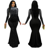 Women's Fashion Elegant High Neck Beaded Pearl Bodycon Dress