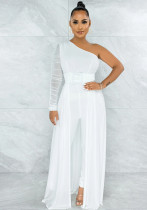 Women's Solid Color Sexy Mesh See-Through One-Shoulder Long Sleeve Jumpsuit Women's Solid Color Sexy Mesh See-Through One-Shoulder Long Sleeve Jumpsuit