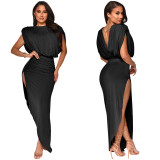Women's Fashion Solid Color Round Neck Sleeveless Ruched Irregular Slit Maxi Dress