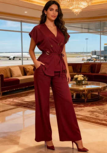 Chic V-Neck Short Sleeve Slim Waist Tie High-Waist Wide-Leg Linen Two-Piece Pants Set