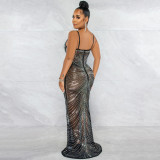 Women's Fashion Beaded Sexy Strap See-Through Mesh Maxi Dress