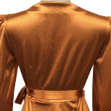 Women's Fashion Sexy Solid Color Deep V Lace-Up Long Sleeve Slit Maxi Dress