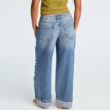 Women's Spring Washed Blue High-Waist Ripped Straight-Leg Denim Pants
