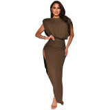 Women's Fashion Solid Color Round Neck Sleeveless Ruched Irregular Slit Maxi Dress