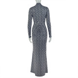 Women's Cut-Out Striped Halter Neck Long Sleeve Printed Bodycon Dress