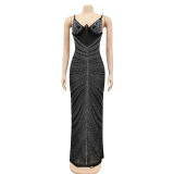 Women's Fashion Beaded Sexy Strap See-Through Mesh Maxi Dress
