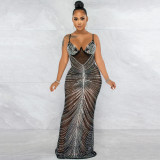 Women's Fashion Beaded Sexy Strap See-Through Mesh Maxi Dress