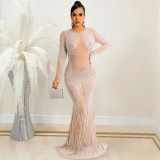 Women's Nightclub Style Sexy Beaded Mesh See-Through Long Sleeve Maxi Dress