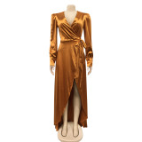 Women's Fashion Sexy Solid Color Deep V Lace-Up Long Sleeve Slit Maxi Dress