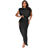 Women's Fashion Solid Color Round Neck Sleeveless Ruched Irregular Slit Maxi Dress