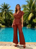 Chic V-Neck Short Sleeve Slim Waist Tie High-Waist Wide-Leg Linen Two-Piece Pants Set
