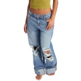 Women's Spring Washed Blue High-Waist Ripped Straight-Leg Denim Pants
