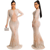 Women's Nightclub Style Sexy Beaded Mesh See-Through Long Sleeve Maxi Dress