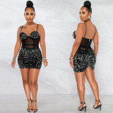 Women's Fashion Sexy Strap Sequin Mesh See-Through Zipper Midi Dress