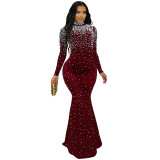 Women's Fashion Elegant High Neck Beaded Pearl Bodycon Dress