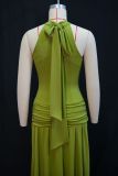 Women's Spring Fashion Halter Neck Slim Waist Ruched Solid Color Gown Dress