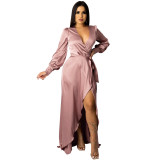 Women's Fashion Sexy Solid Color Deep V Lace-Up Long Sleeve Slit Maxi Dress