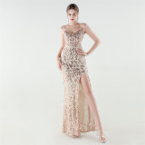 Plus Size Beaded Sequin Slim Waist Evening Gown
