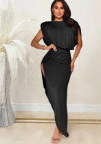 Women's Fashion Solid Color Round Neck Sleeveless Ruched Irregular Slit Maxi Dress