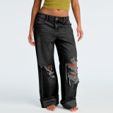 Women's Spring Washed Blue High-Waist Ripped Straight-Leg Denim Pants