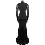 Women's Fashion Elegant High Neck Beaded Pearl Bodycon Dress
