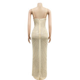 Women's Fashion Beaded Sexy Strap See-Through Mesh Maxi Dress