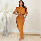 Women's Fashion Solid Color Round Neck Sleeveless Ruched Irregular Slit Maxi Dress