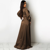 Women's Fashion Sexy Solid Color Deep V Lace-Up Long Sleeve Slit Maxi Dress