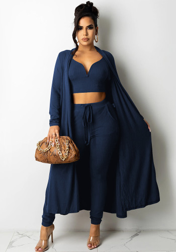 Women's Fashion Solid Color V-Neck Vest Jacket Lace-Up Pants Three-Piece Set