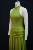 Women's Spring Fashion Halter Neck Slim Waist Ruched Solid Color Gown Dress