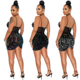 Women's Fashion Sexy Strap Sequin Mesh See-Through Zipper Midi Dress