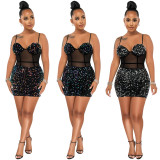 Women's Fashion Sexy Strap Sequin Mesh See-Through Zipper Midi Dress