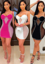 Women's Fashion Sexy Nightclub Strap Bodycon Mesh Mini Dress